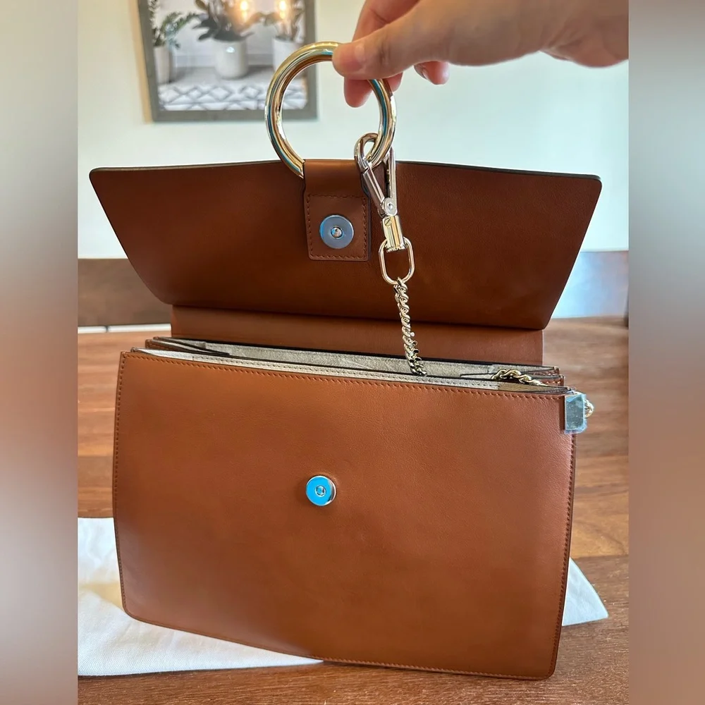 Chloé Faye Brown Leather & Suede Shoulder Bag Ring Chain Crossbody w/ Dust Bag